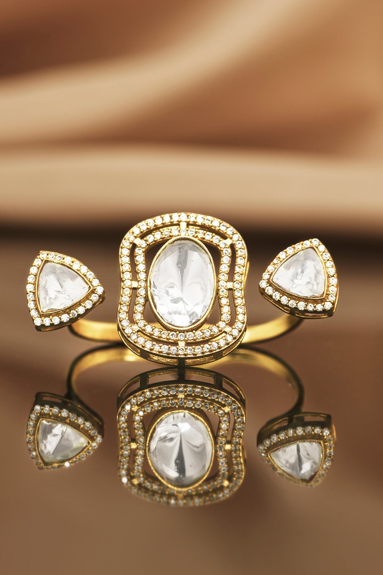 Gold Finish Kundan Polki Two-Finger Ring