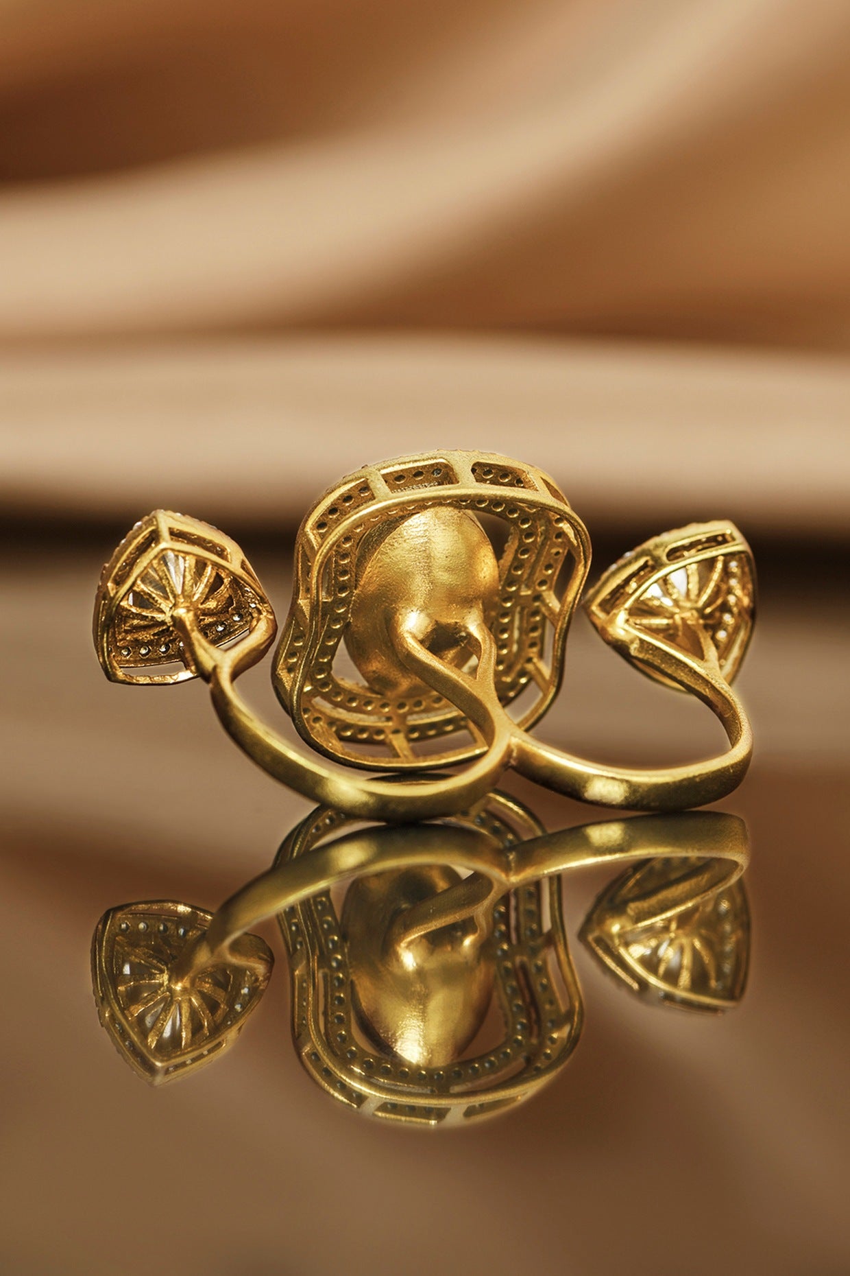 Gold Finish Kundan Polki Two-Finger Ring