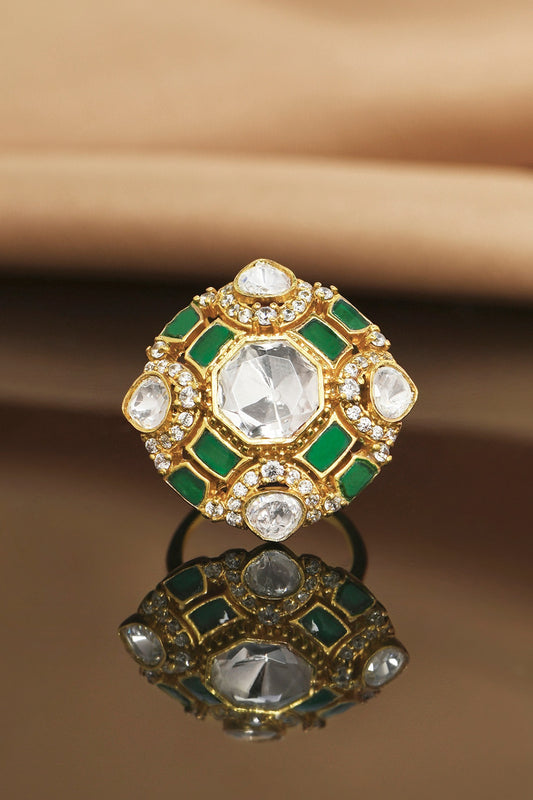 Gold Finish Green & White Stone Ring