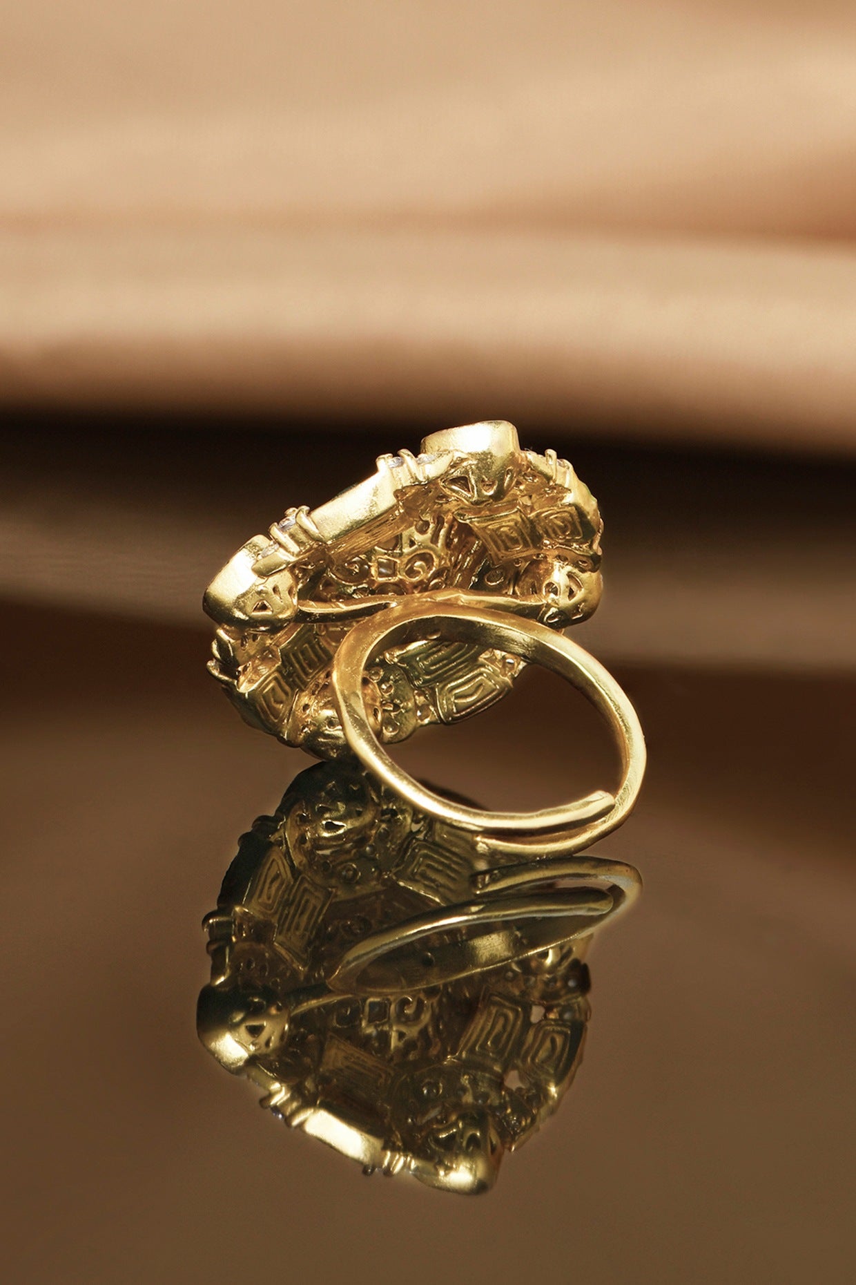 Gold Finish Green & White Stone Ring