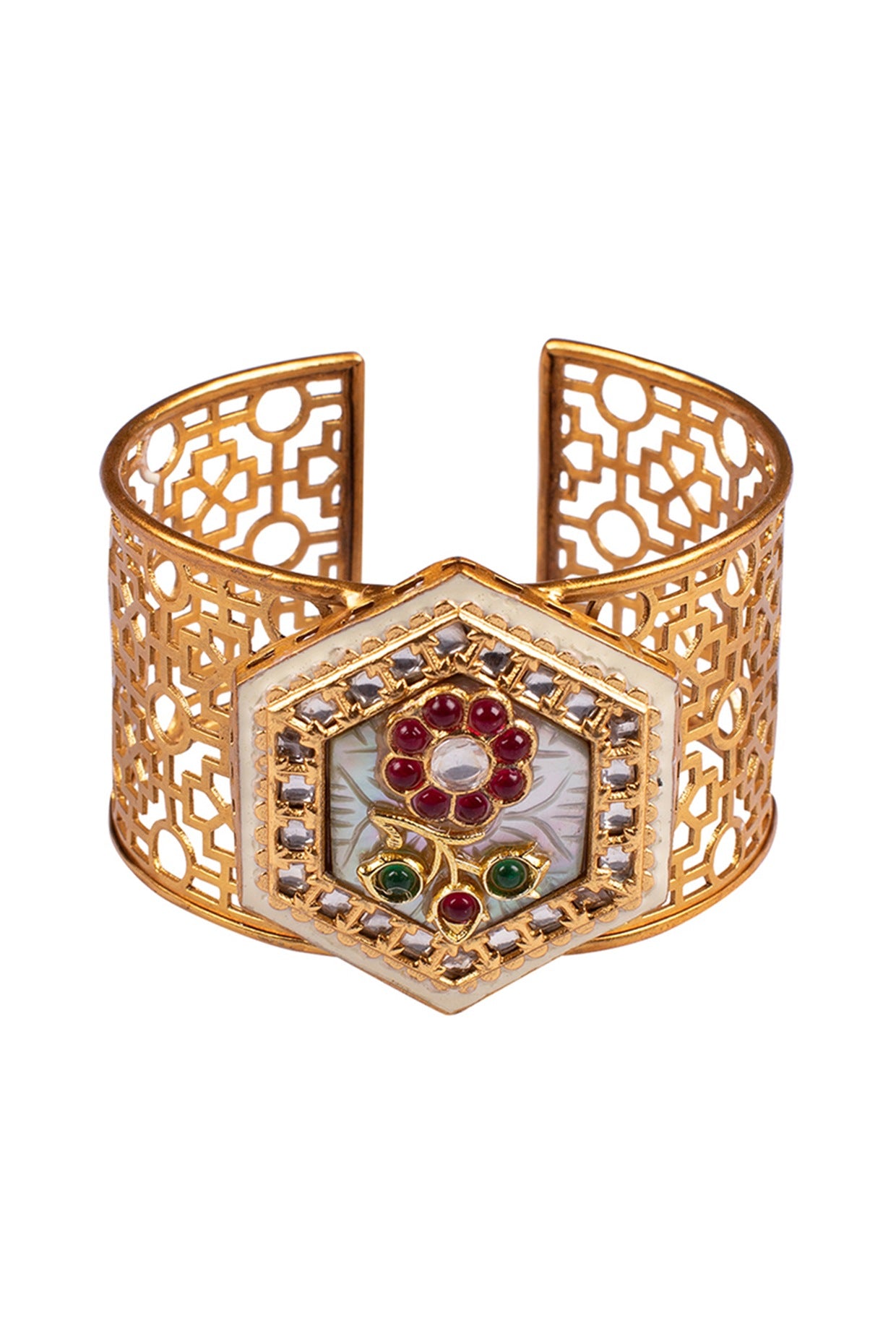 Gold Finish Kada Bracelet With Multi-Colored Stones