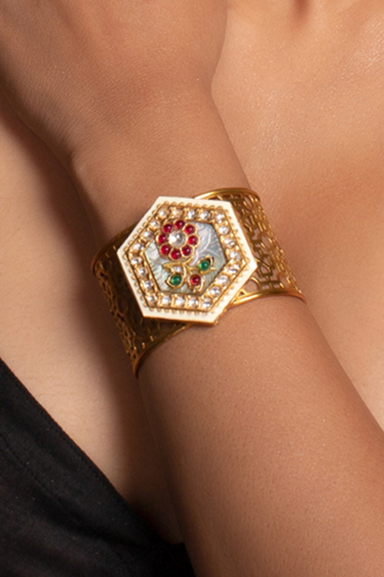 Gold Finish Kada Bracelet With Multi-Colored Stones