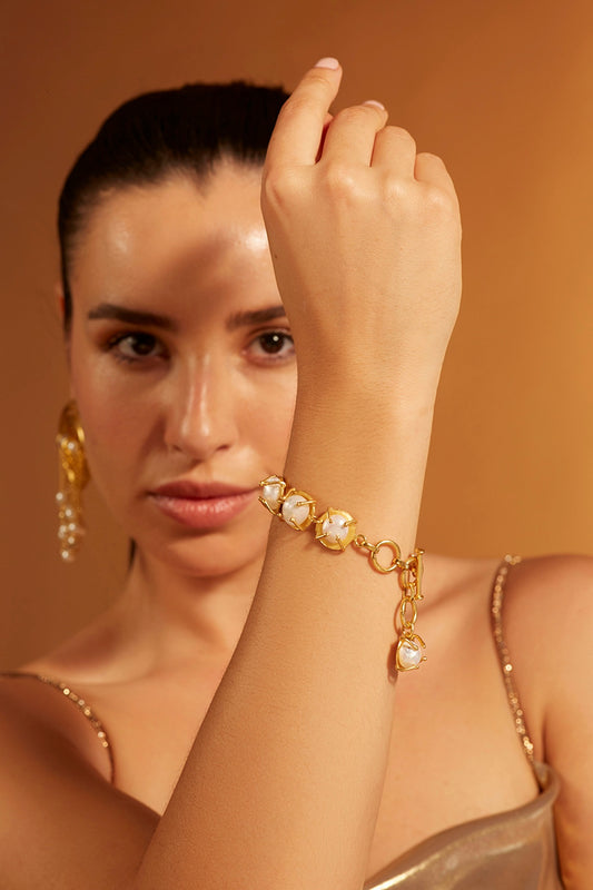 Gold Finish Pearl Link Chain Bracelet