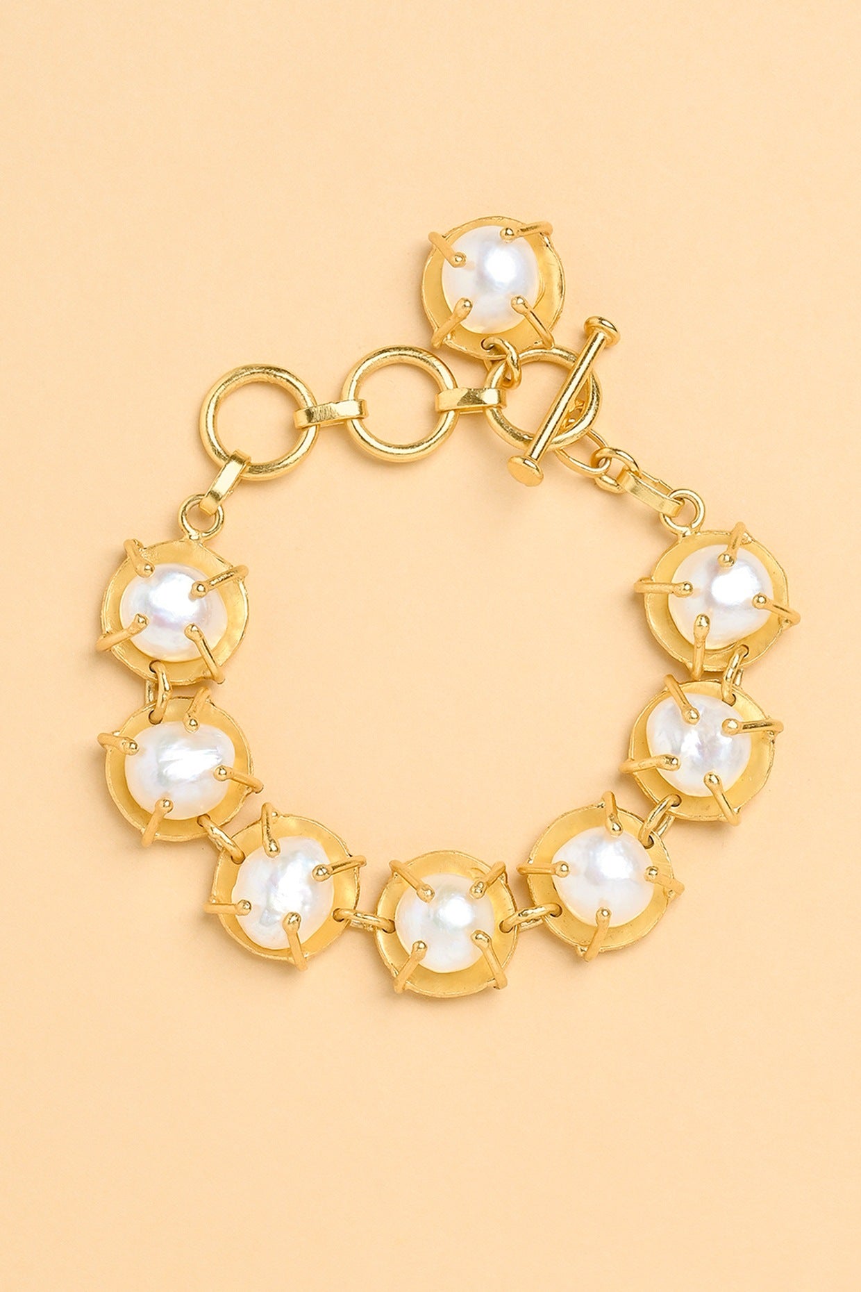 Gold Finish Pearl Link Chain Bracelet