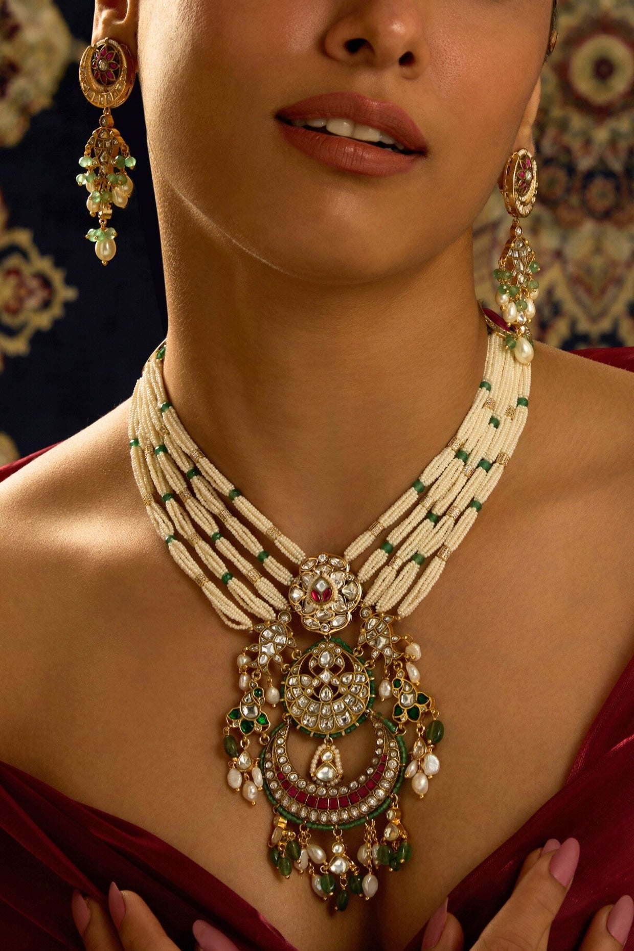 Gold Finish Rajwadi Motifs & Multi-Colored Stone Long Necklace