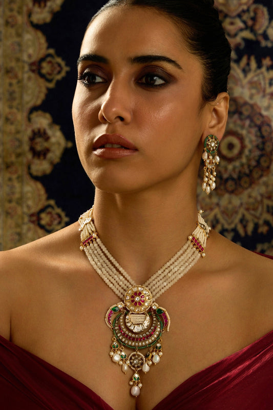 Gold Finish Rajwadi Motifs & Multi-Colored Stone Necklace Set