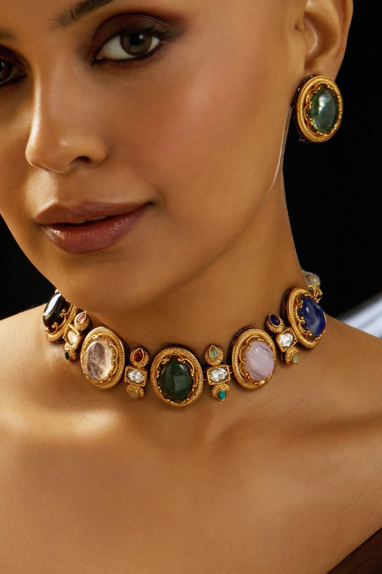 Gold Finish Multi-Colored Stone Choker Necklace Set