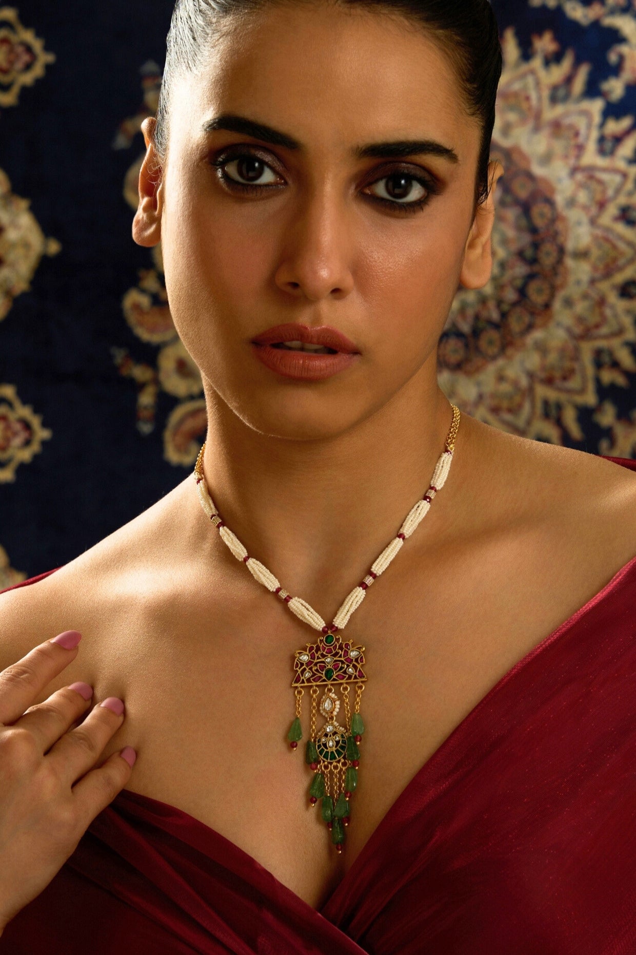 Gold Finish Rajwadi Motfs & Pearl Twist Chain Necklace