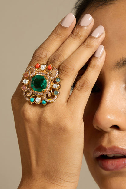 Gold Finish Green Stone Ring