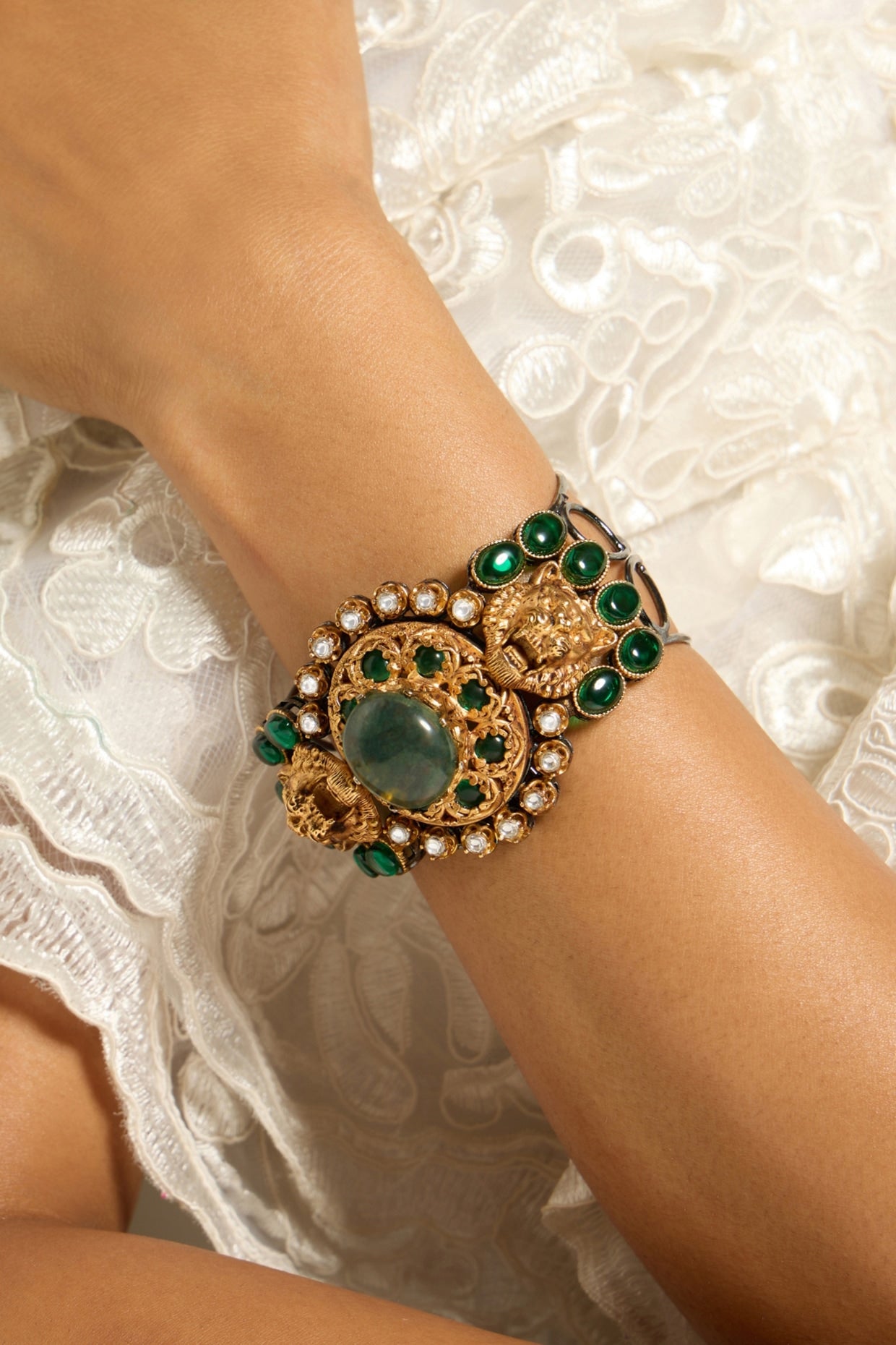 Gold Finish Motifs & Green Stone Bracelet