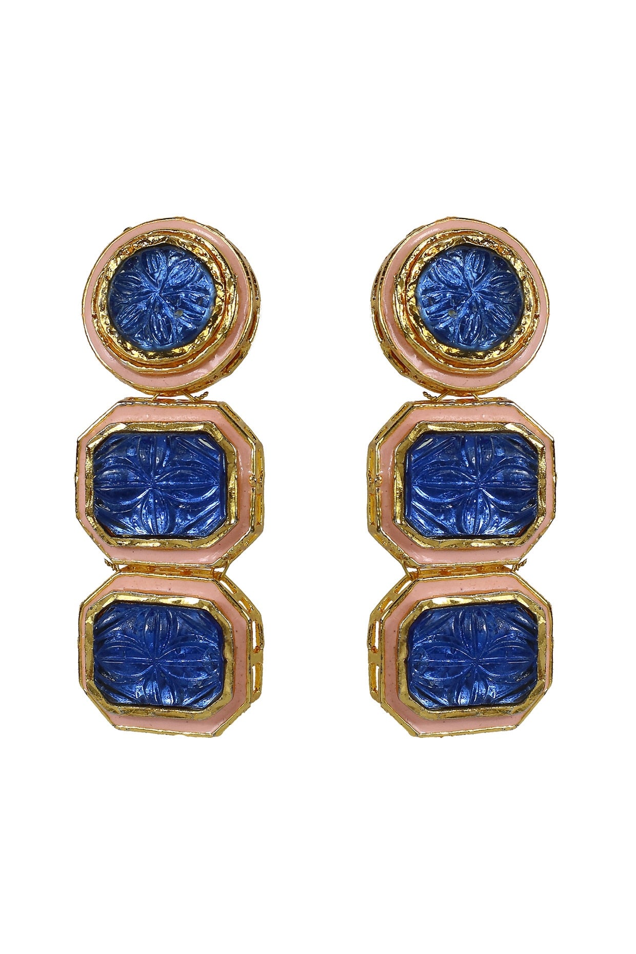 Gold Finish Kundan Polki & Blue Jadtar Meenakari Dangler Earrings