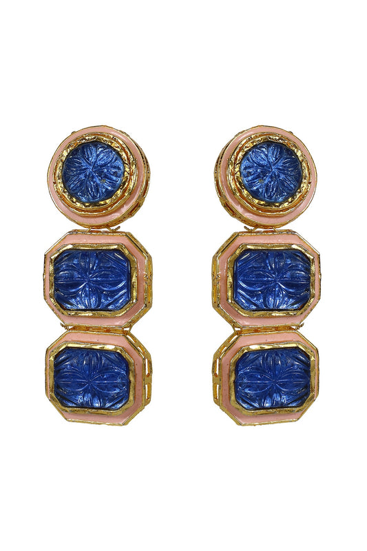 Gold Finish Kundan Polki & Blue Jadtar Meenakari Dangler Earrings