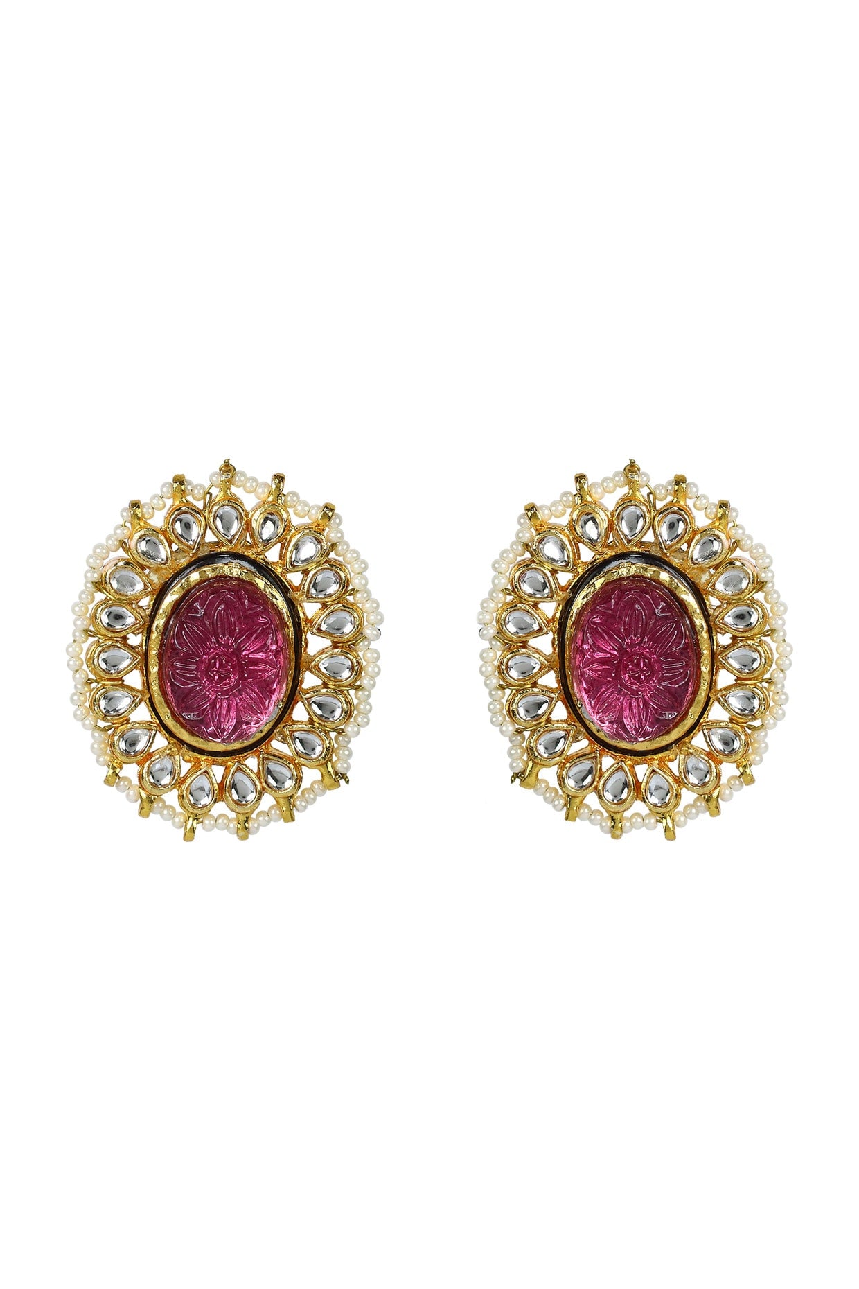 Gold Finish Kundan Polki & Red Jadtar Stud Earrings