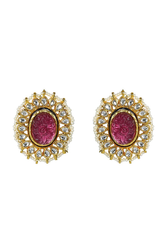 Gold Finish Kundan Polki & Red Jadtar Stud Earrings