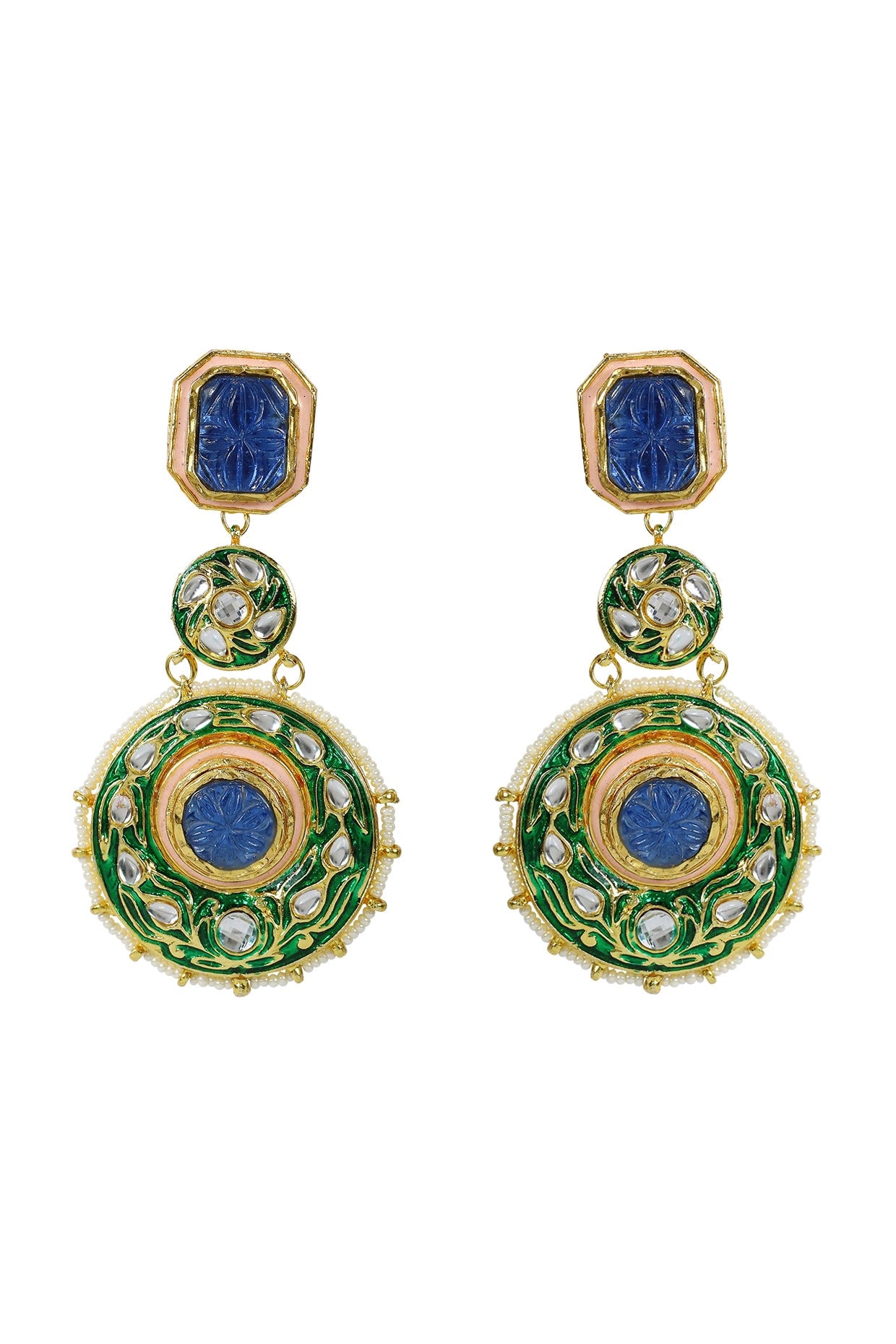 Gold Finish Kundan Polki & Blue Jadtar chandbali Earrings