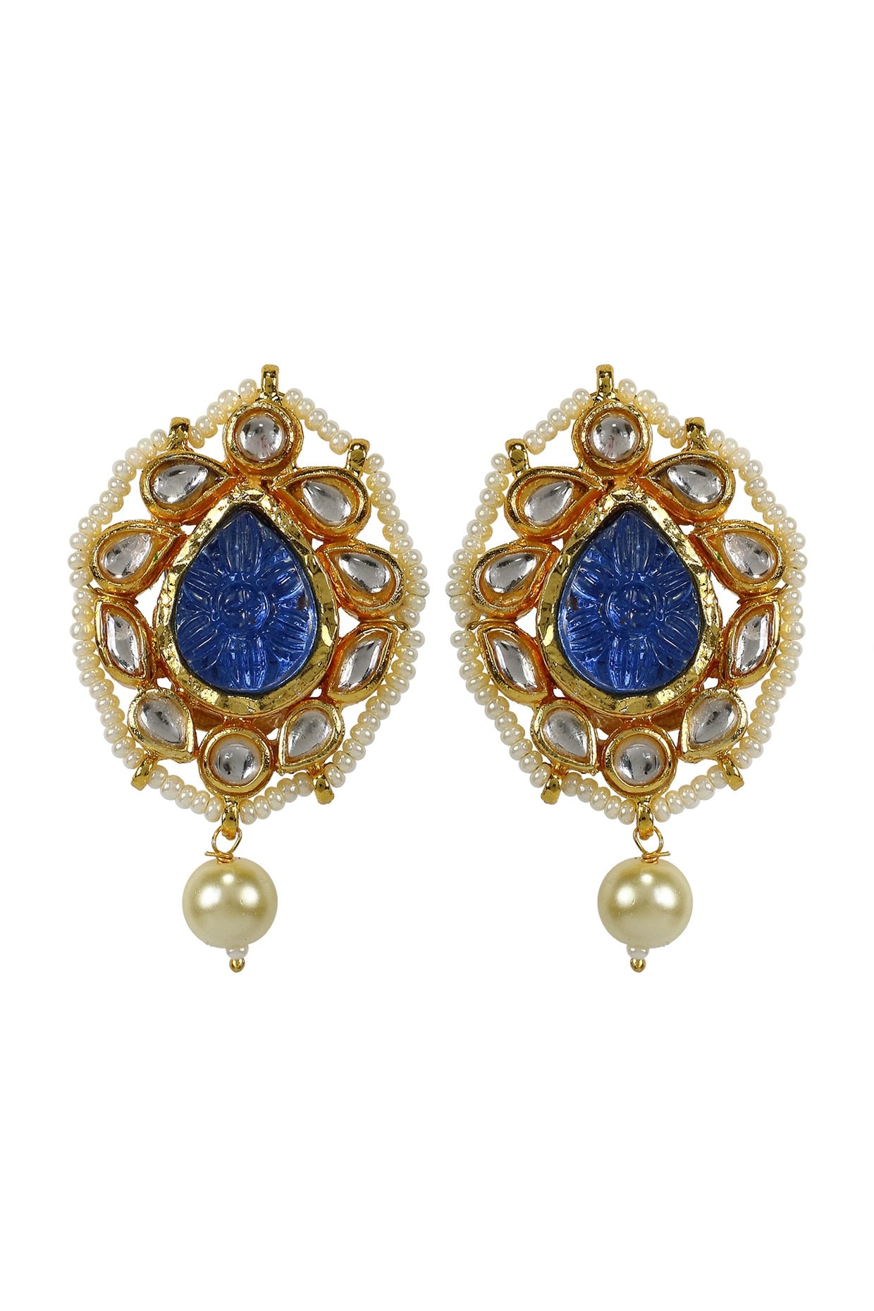 Gold Finish Kundan Polki & Blue Jadtar Panshape Stud Earrings