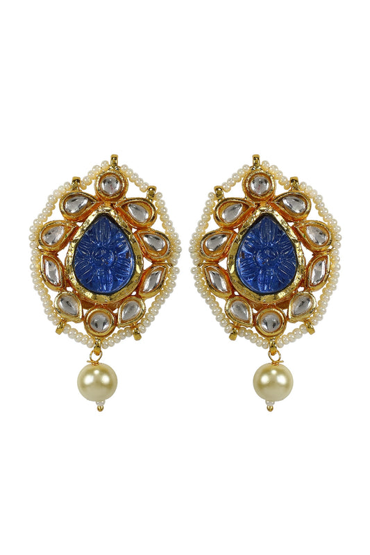 Gold Finish Kundan Polki & Blue Jadtar Panshape Stud Earrings