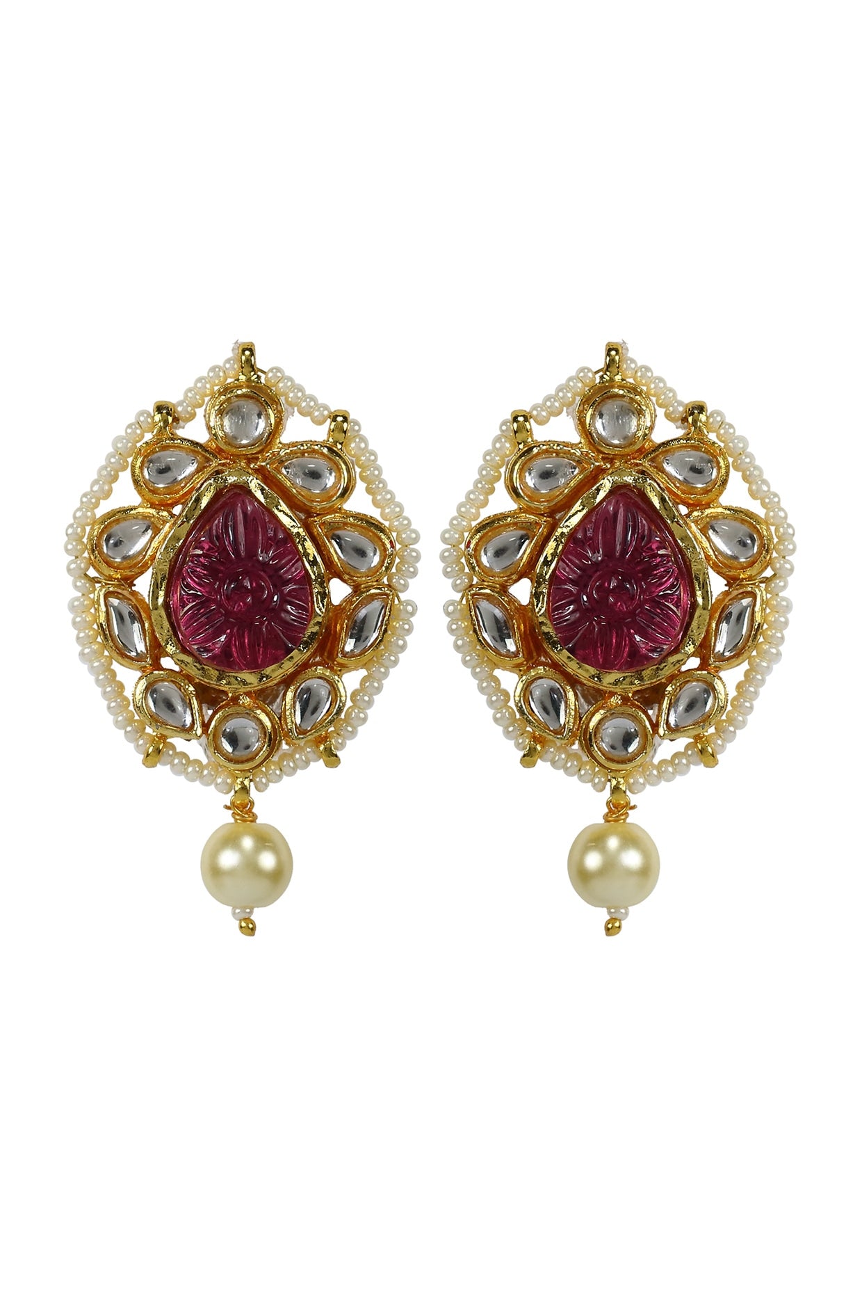 Gold Finish Kundan Polki & Red Jadtar Panshape Stud Earrings