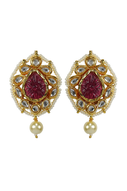 Gold Finish Kundan Polki & Red Jadtar Panshape Stud Earrings