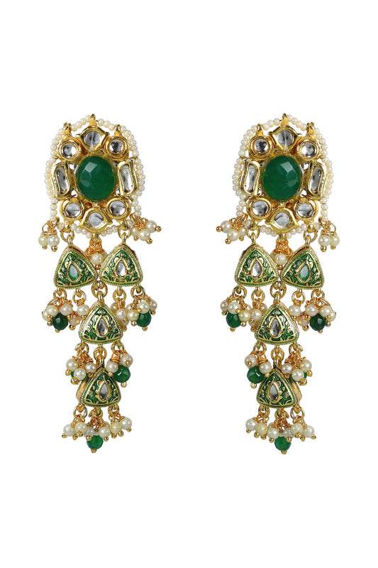 Gold Finish Kundan Polki & Green Jadtar Meenakari Dangler Earrings