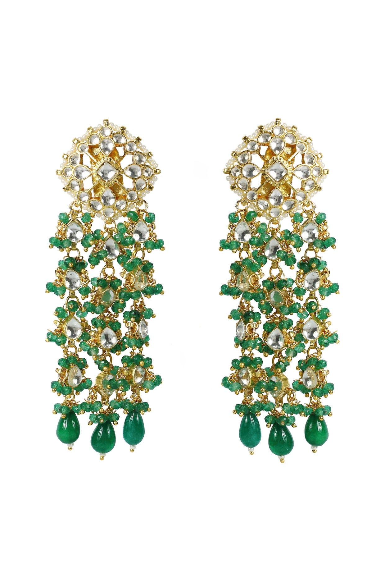 Gold Finish Kundan Polki & Green Bead Dangler Earrings