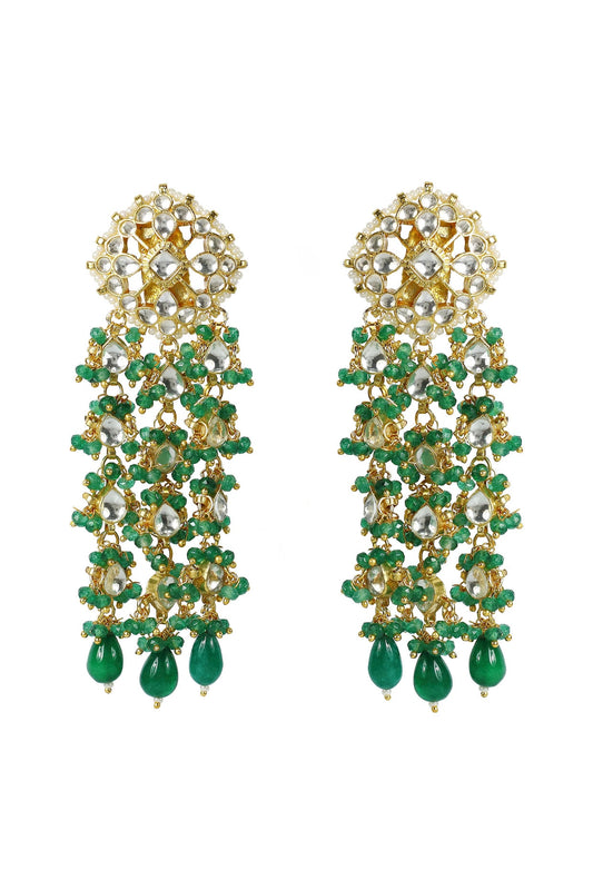 Gold Finish Kundan Polki & Green Bead Dangler Earrings