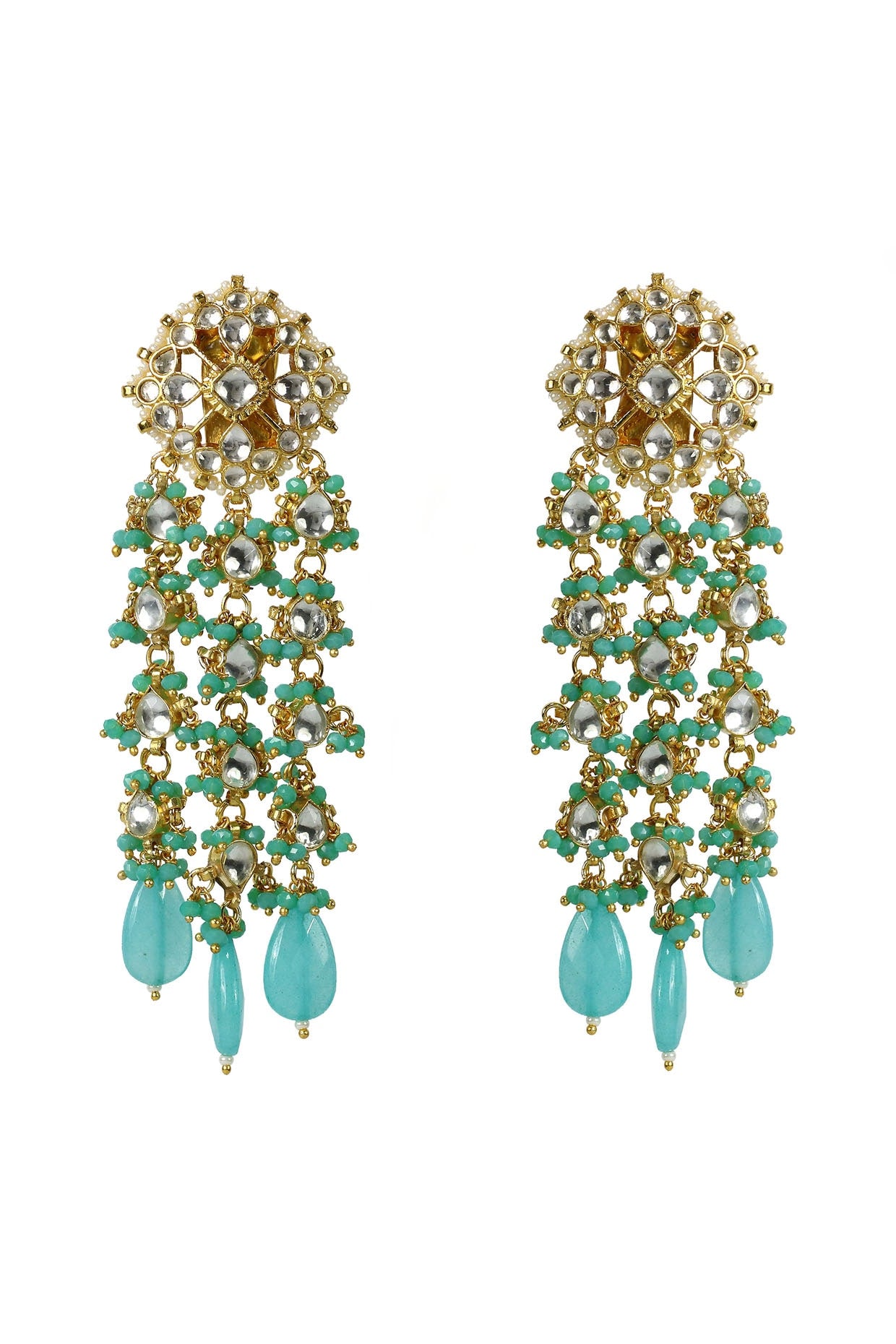 Gold Finish Kundan Polki & Blue Bead Dangler Earrings