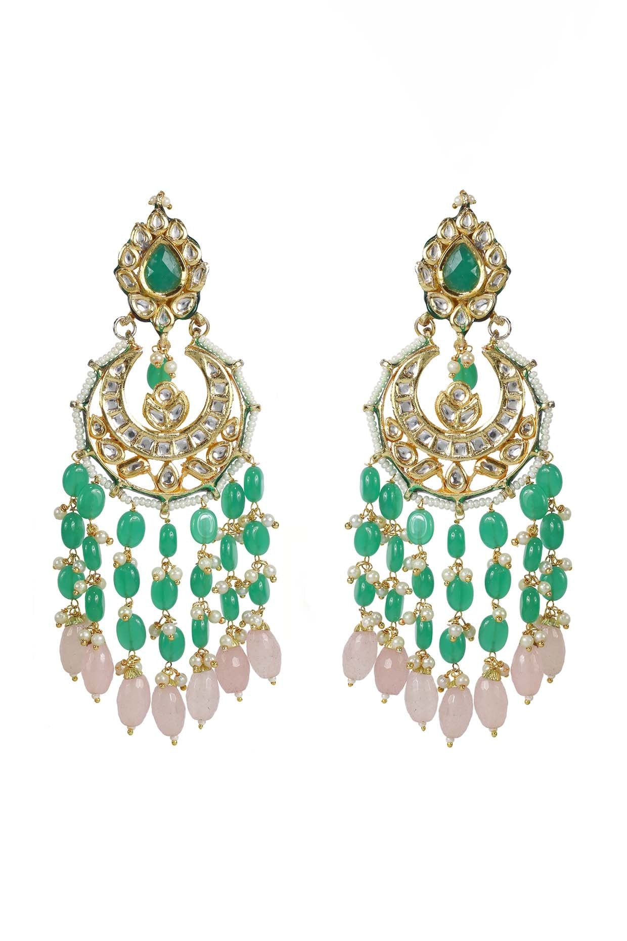 Gold Finish Kundan Polki & Green Jadtar Chandbali Earrings