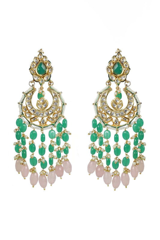 Gold Finish Kundan Polki & Green Jadtar Chandbali Earrings