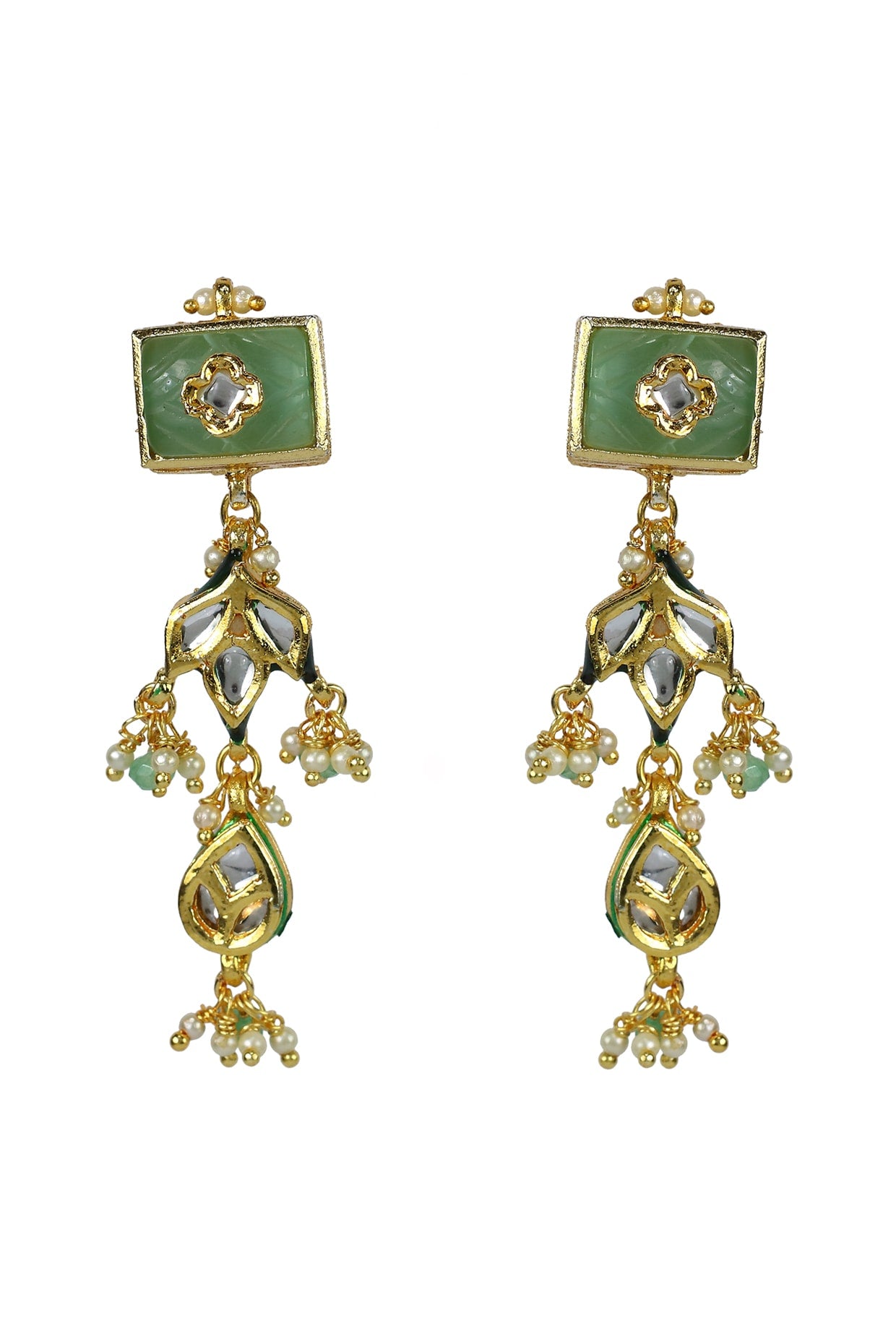 Gold Finish Green Jadtar Stone & Kundan Polki Dangler Earrings