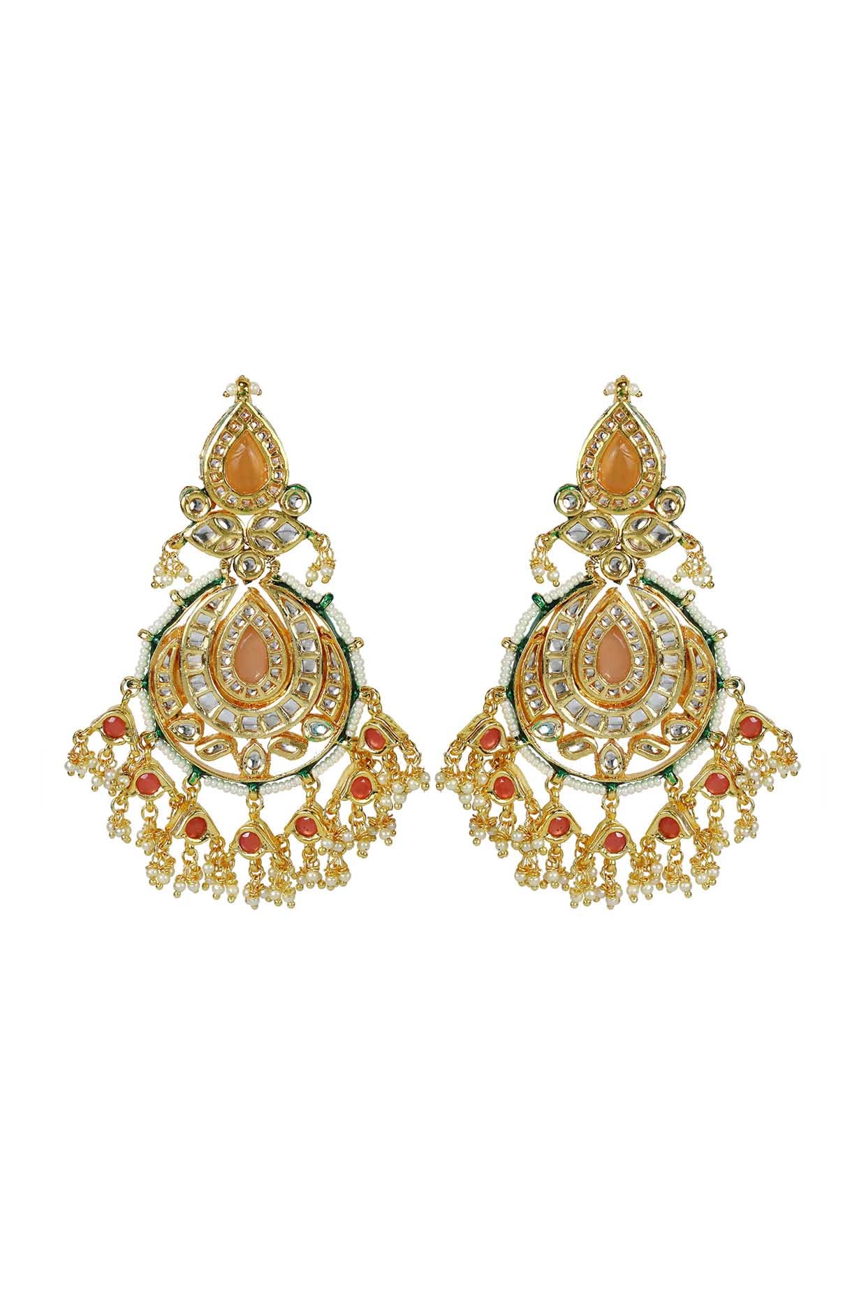 Gold Finish Orange Jadtar Stone & Kundan Polki Dangler Earrings