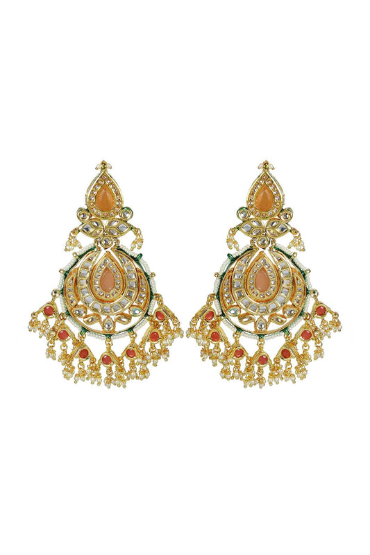 Gold Finish Orange Jadtar Stone & Kundan Polki Dangler Earrings