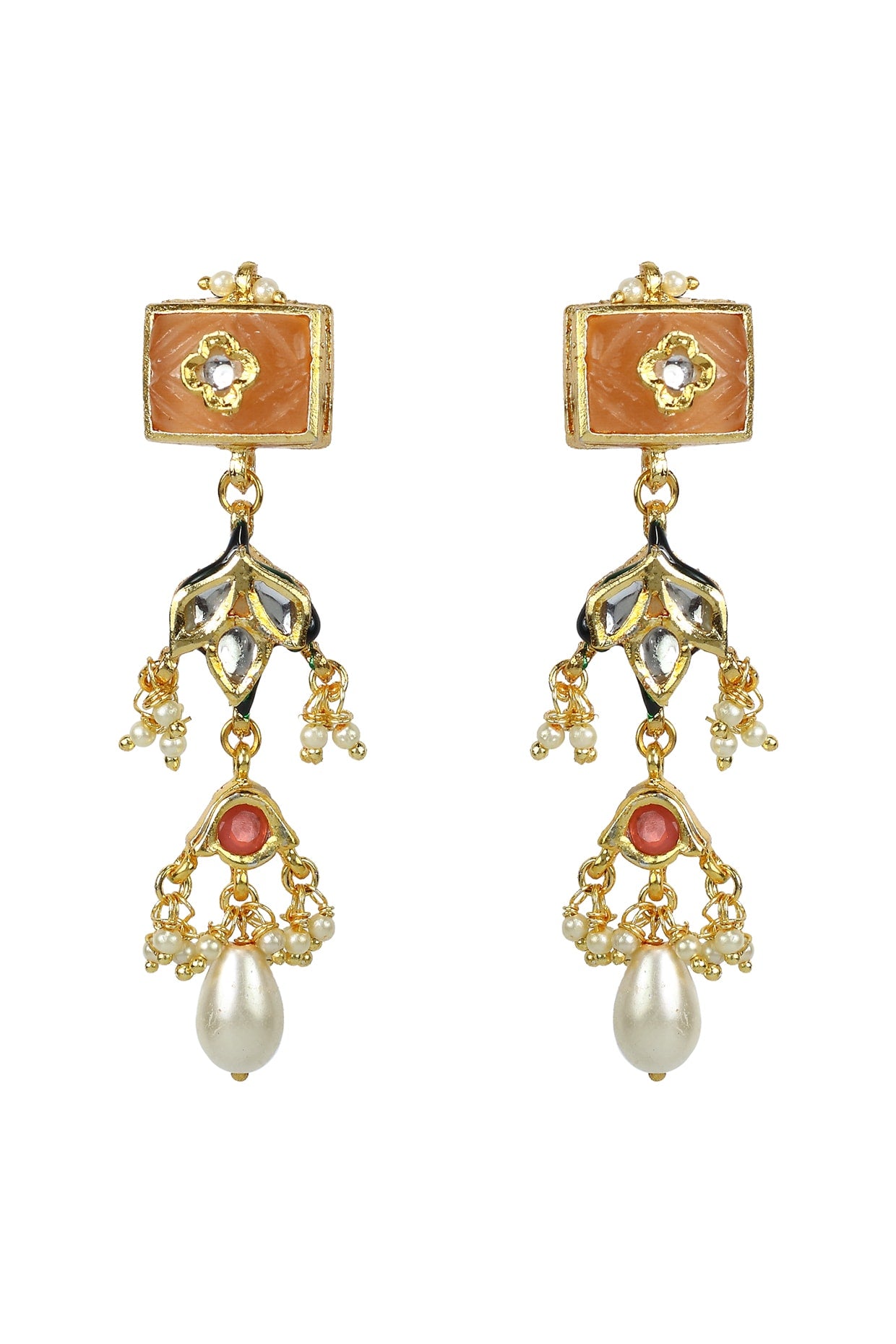 Gold Finish Orange Jadtar Stone & Kundan Polki Dangler Earrings