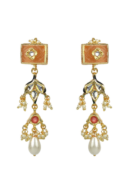 Gold Finish Orange Jadtar Stone & Kundan Polki Dangler Earrings