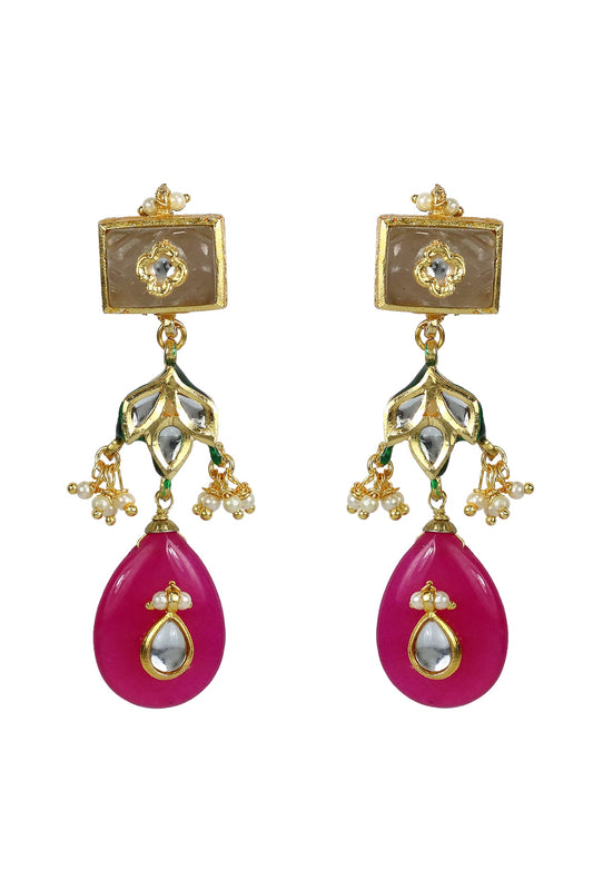 Gold Finish Grey Jadtar Stone & Kundan Polki Dangler Earrings