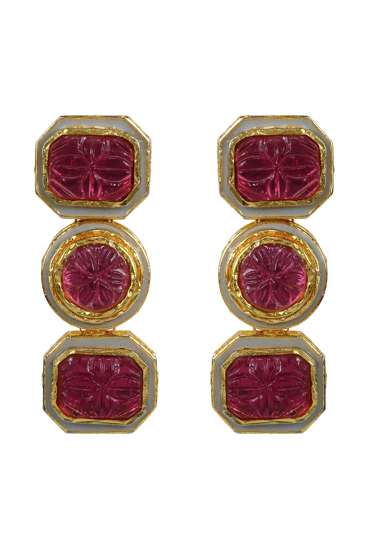 Gold Finish Kundan Polki & Pink Jadtar Hexagon Earrings