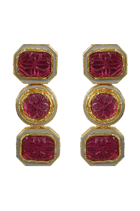 Gold Finish Kundan Polki & Pink Jadtar Hexagon Earrings