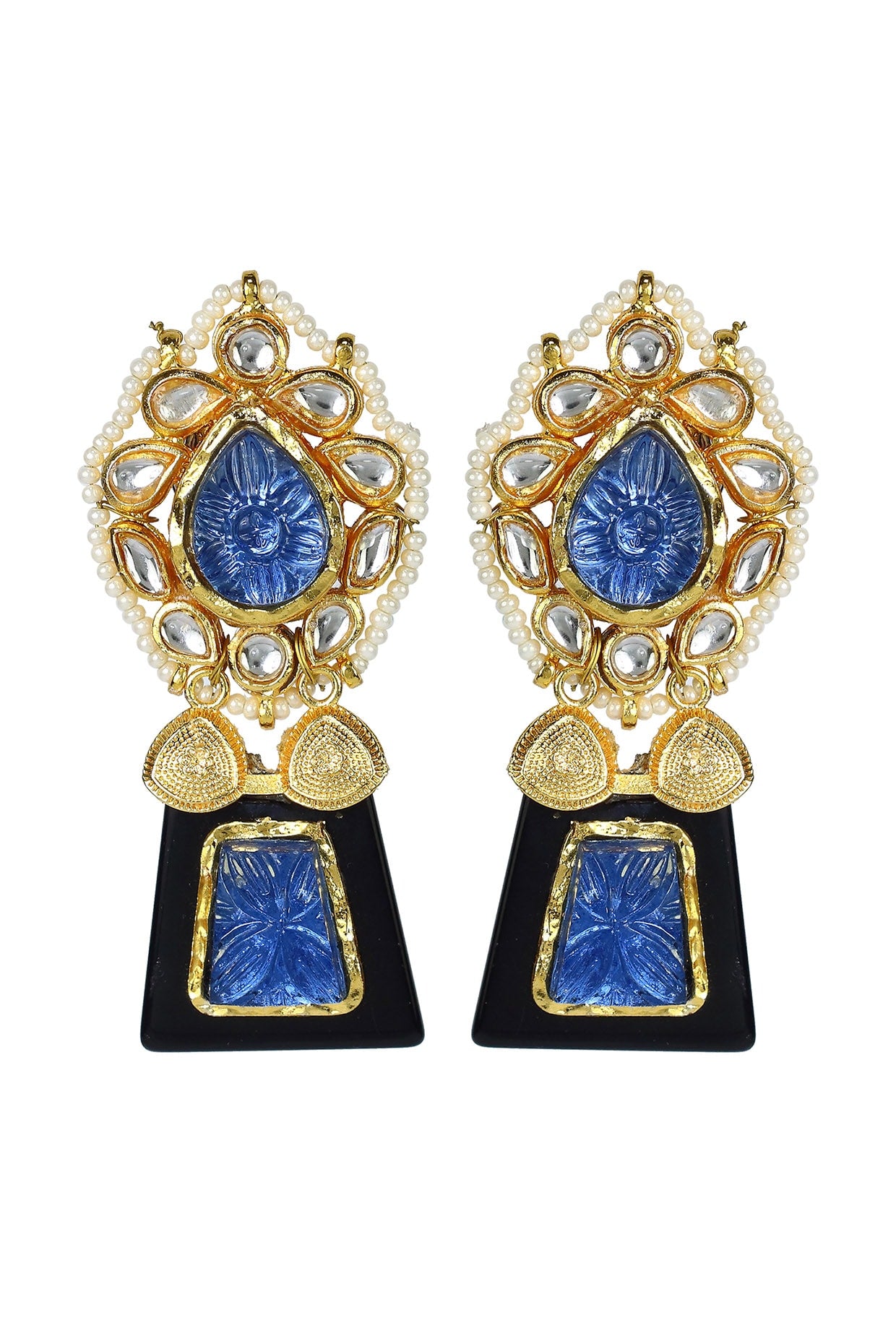 Gold Finish Kundan Polki Pan-shape Dangler Earrings