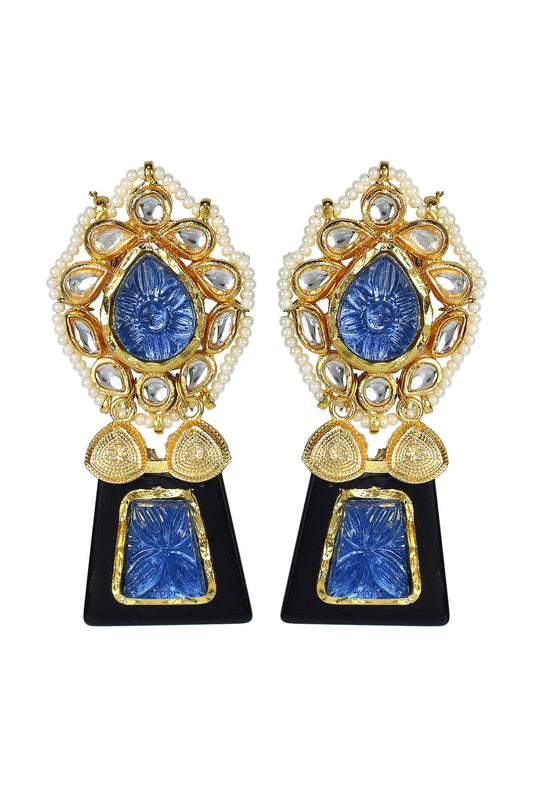 Gold Finish Kundan Polki Pan-shape Dangler Earrings