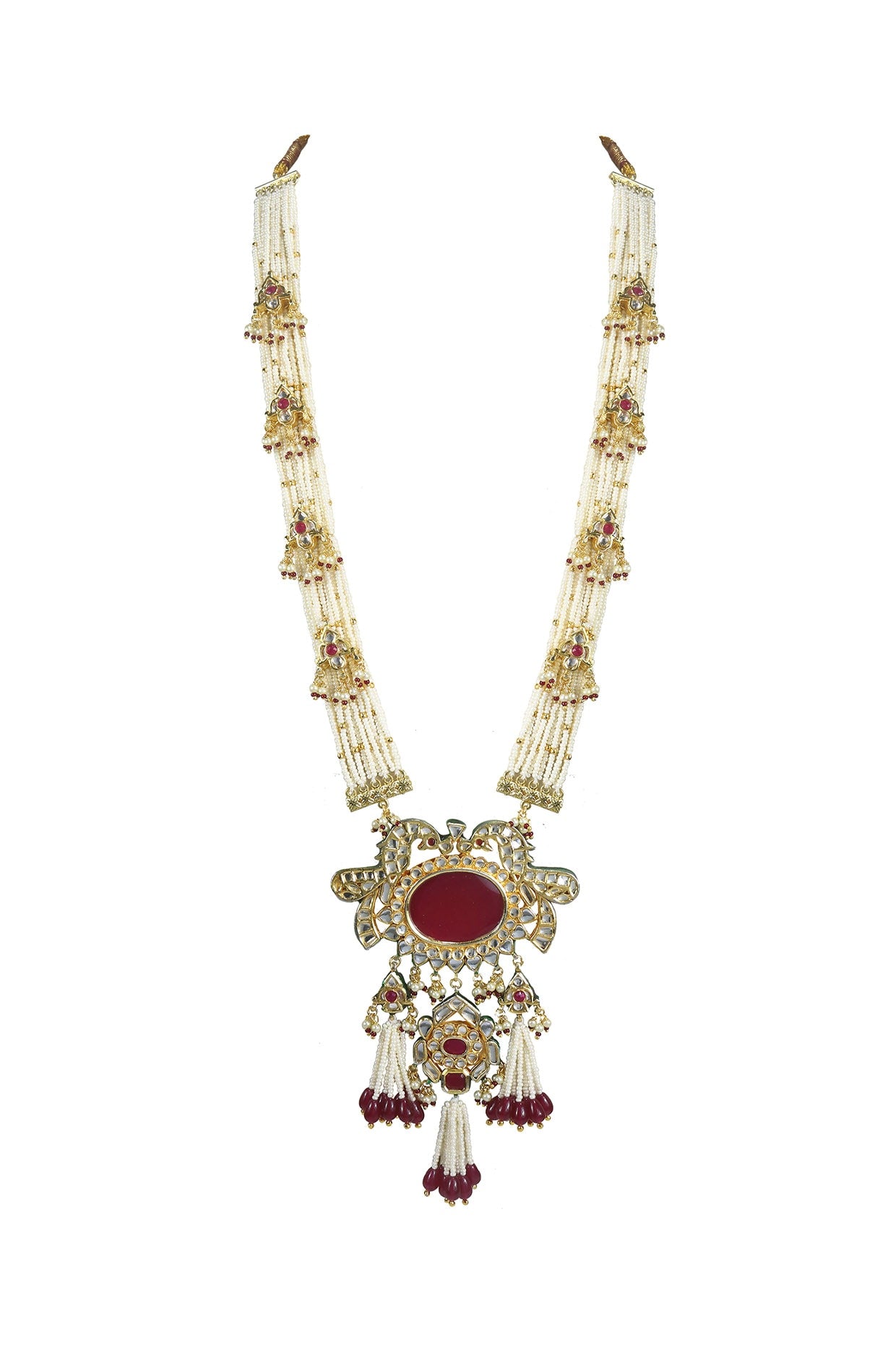 Gold Finish Kundan Polki & Red Jadtar Long Necklace