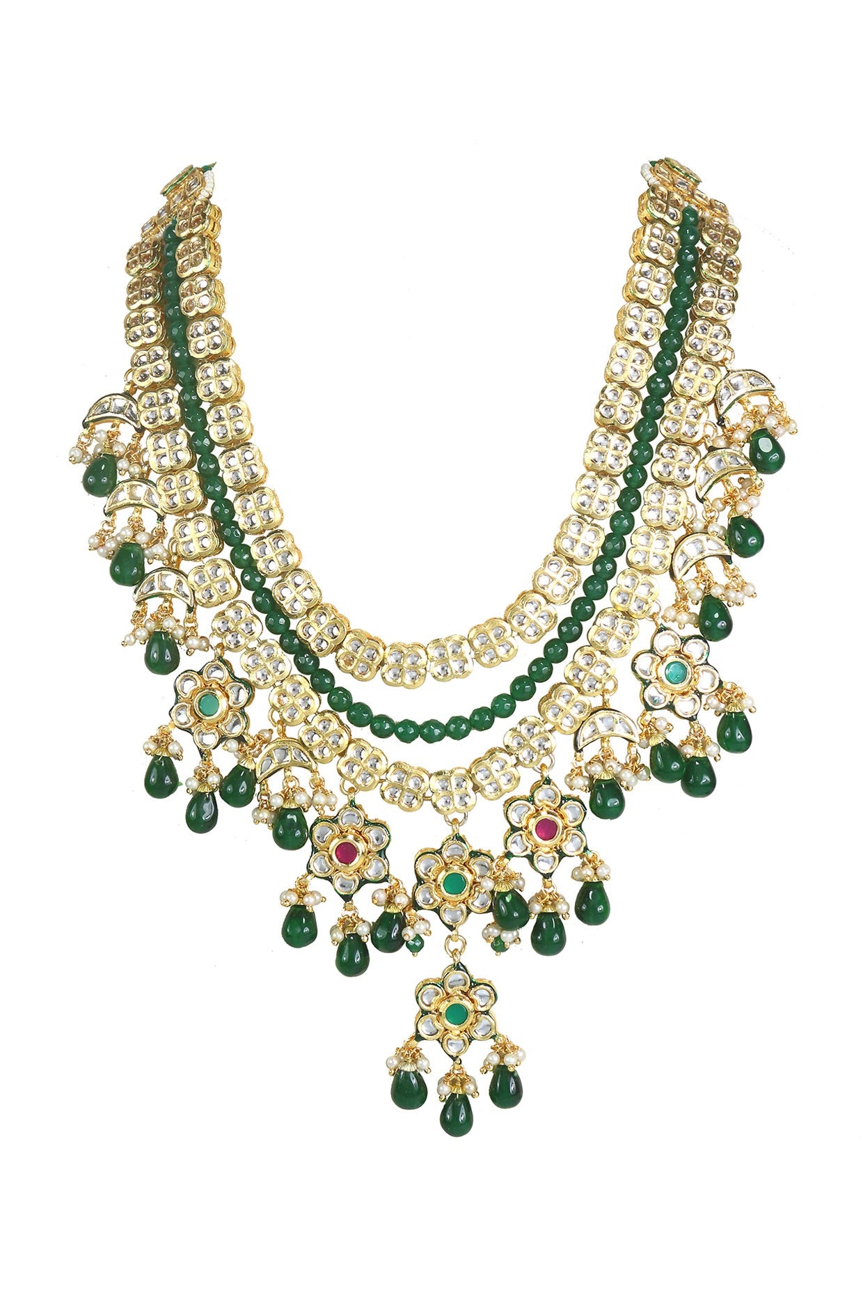 Gold Finish Kundan Polki & Green Bead Long Necklace