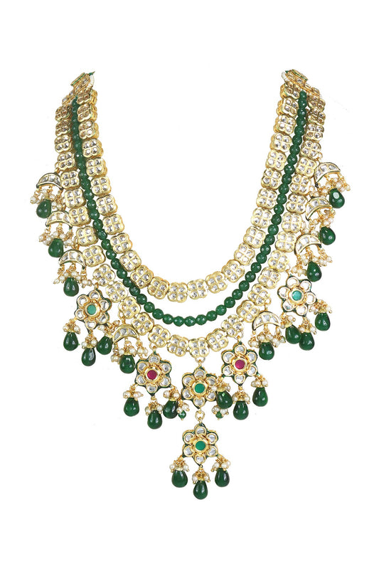 Gold Finish Kundan Polki & Green Bead Long Necklace