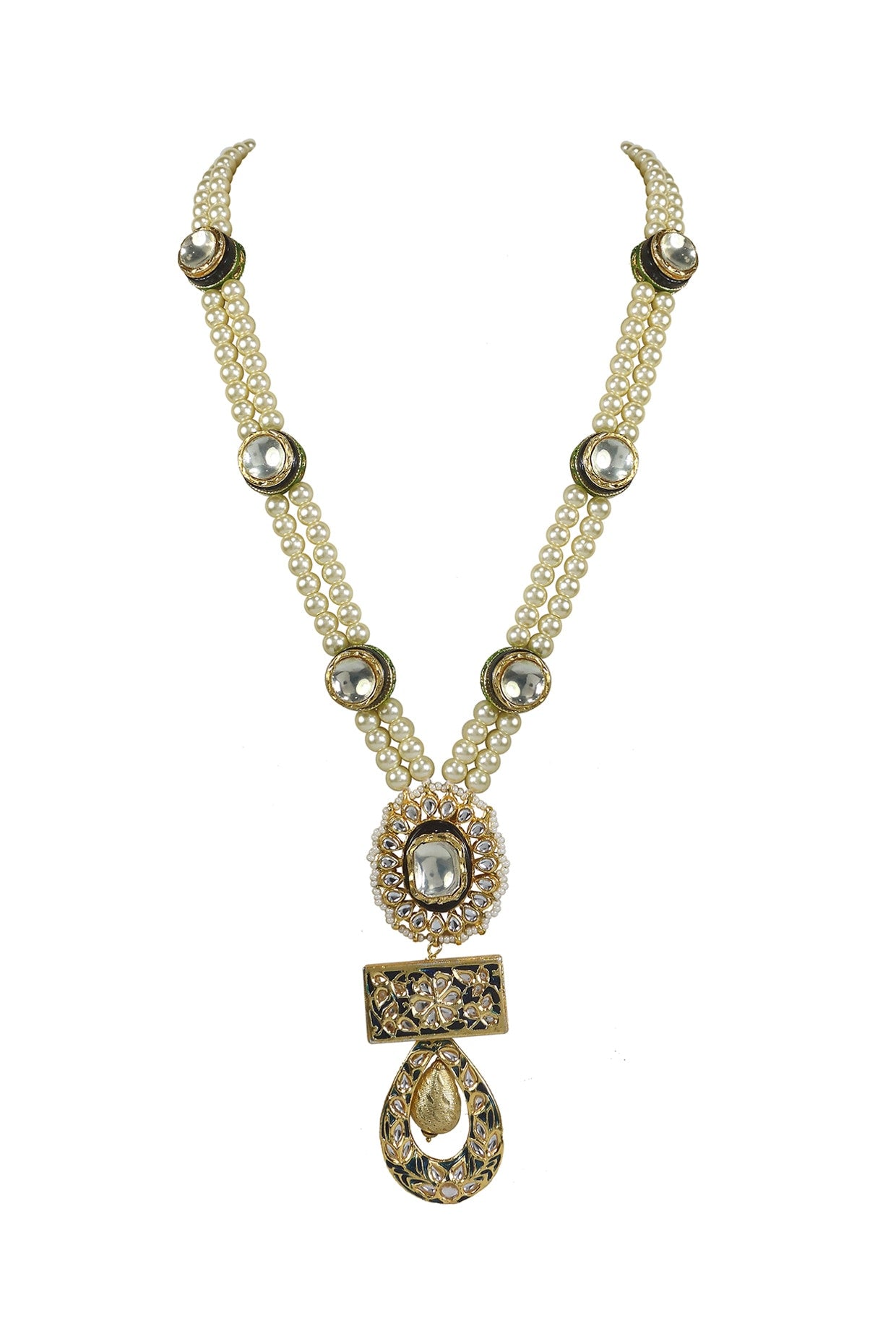 Gold Finish Kundan Polki & Blue Jadtar Long Necklace