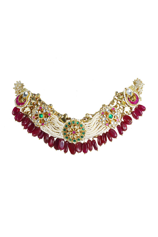 Gold Finish Kundan Polki & Red Jadtar Choker Necklace