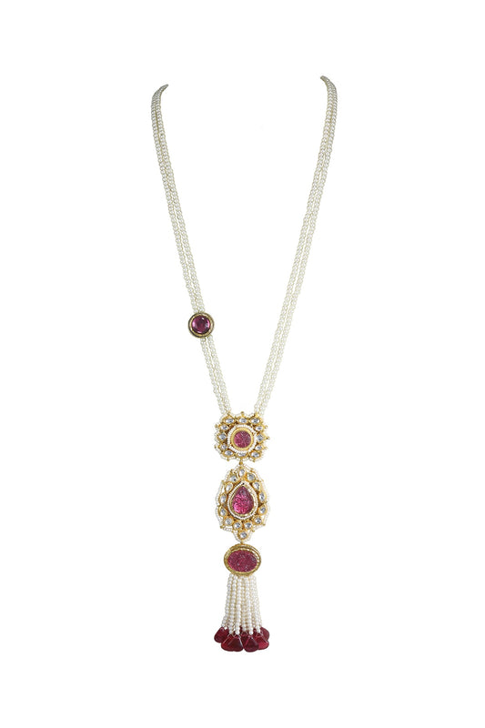 Gold Finish Kundan Polki & Pink Jadtar Long Necklace