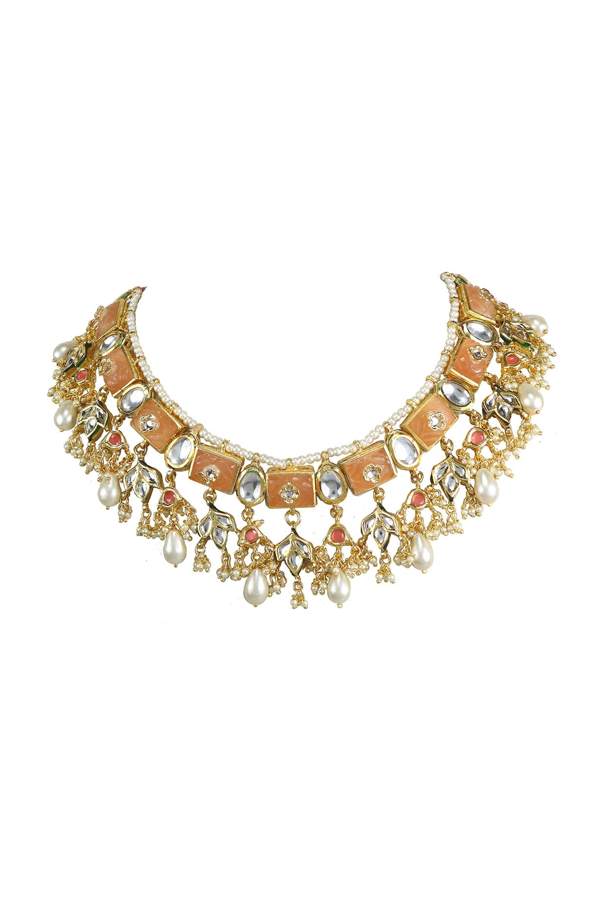 Gold Finish Kundan Polki & Orange Jadtar Choker Necklace