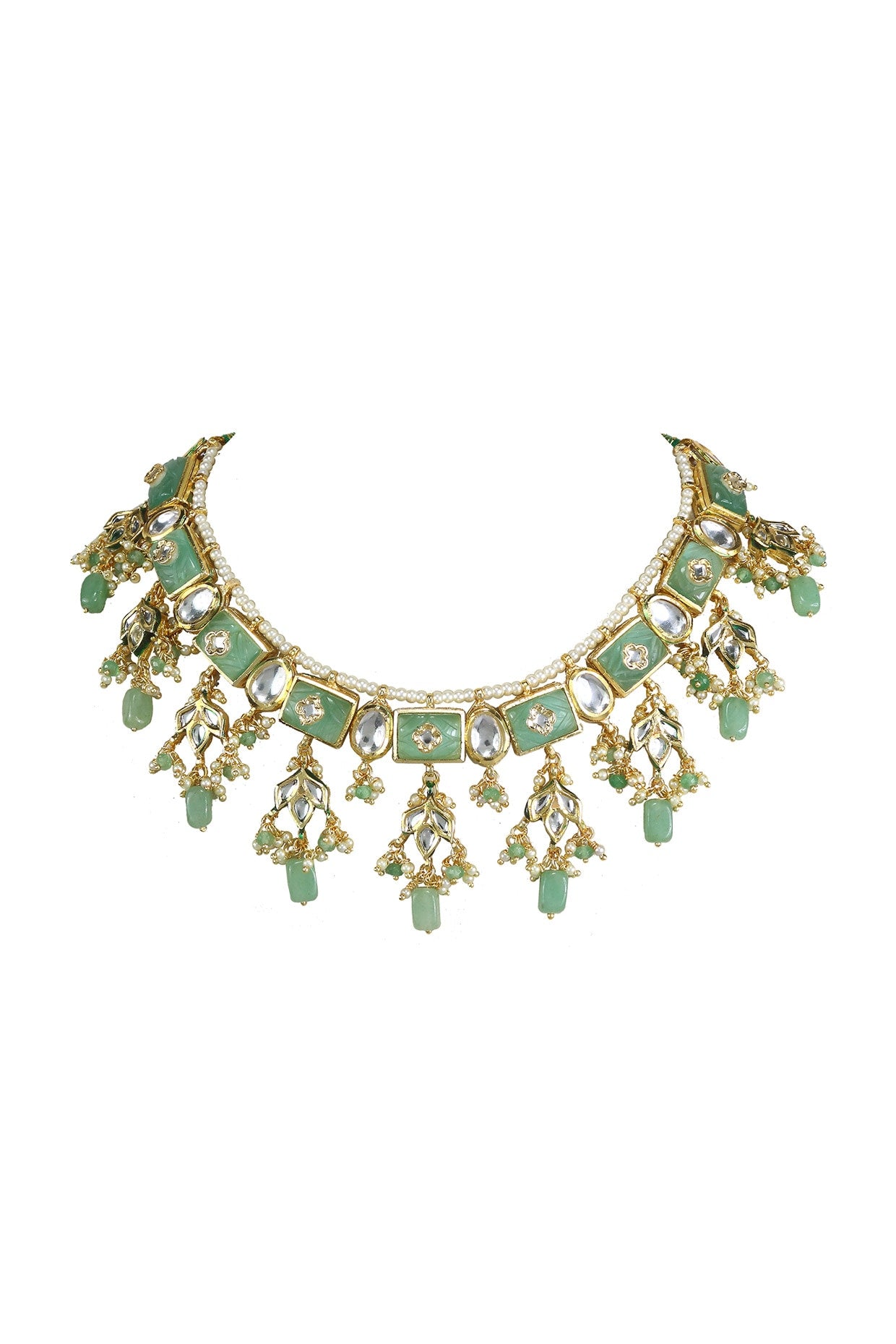 Gold Finish Kundan Polki & Green Jadtar Choker Necklace