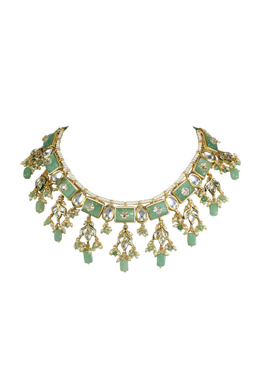 Gold Finish Kundan Polki & Green Jadtar Choker Necklace