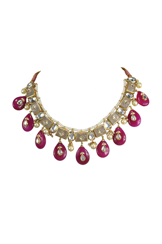 Gold Finish Kundan Polki & Pink Drop Choker Necklace