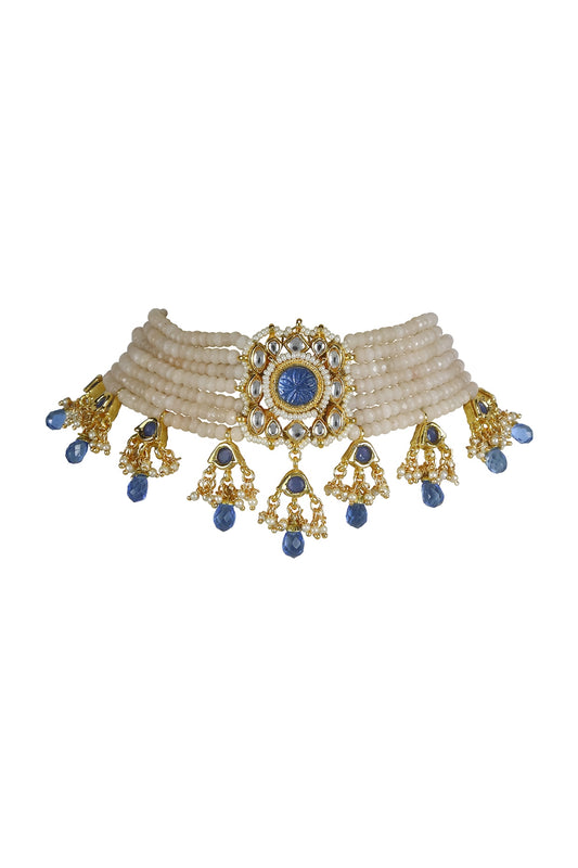 Gold Finish Kundan Polki & Blue Jadtar Stone Choker Necklace